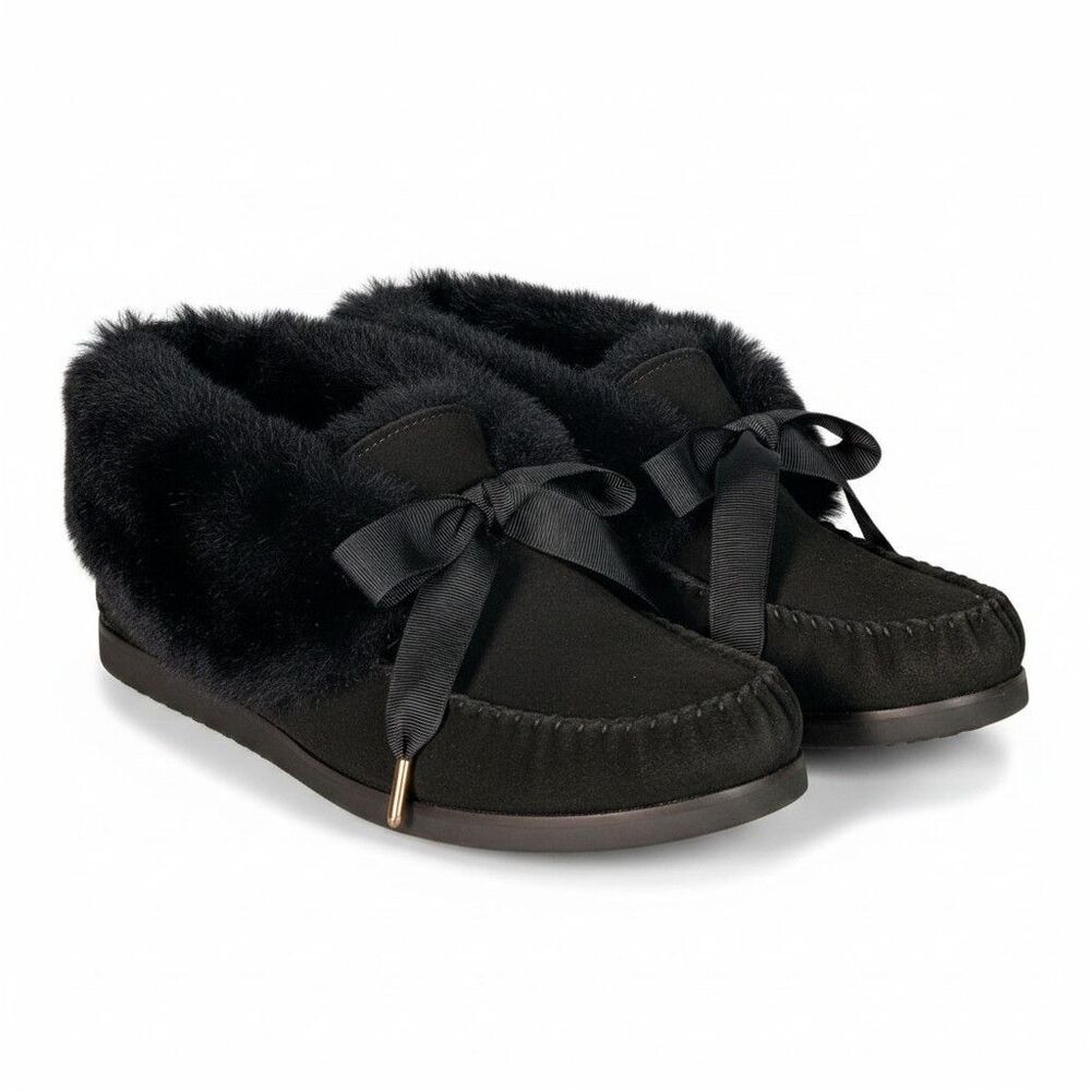Tory Burch Aberdeen Slipper Moccasin Ankle Women 9 Leather Suede Shearling Black - Picture 2 of 13